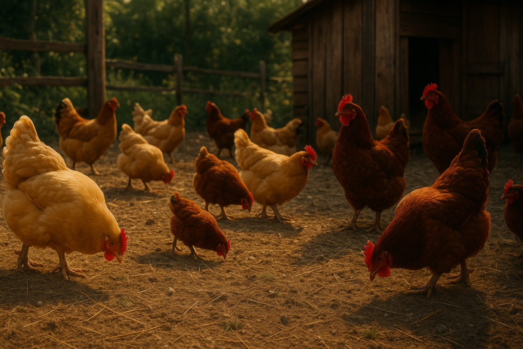 A bustling poultry yard with Buff Orpingtons and Rhode Island Reds pecking around, showcasing their differences in color and size.