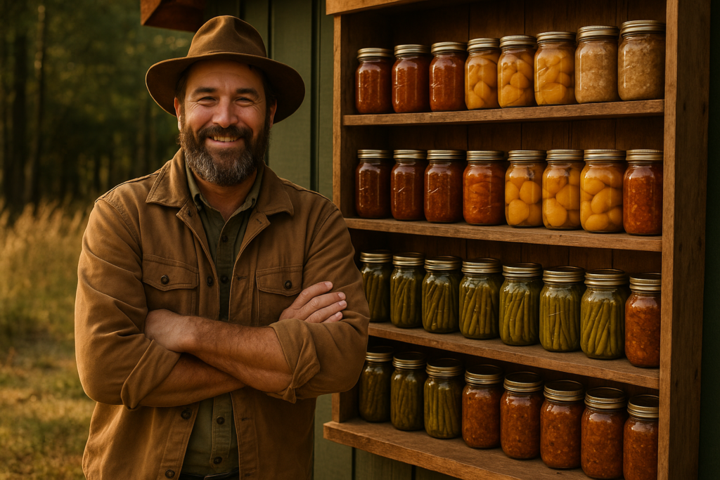 A satisfied homesteader proudly displaying rows of canned jars in a pantry