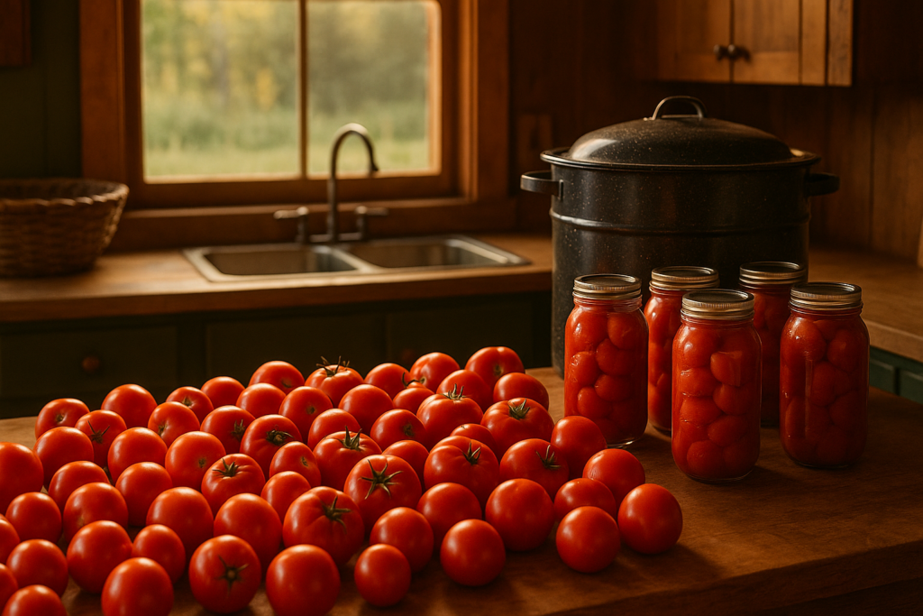 A kitchen counter covered with ripe tomatoes and a water bath canning setup