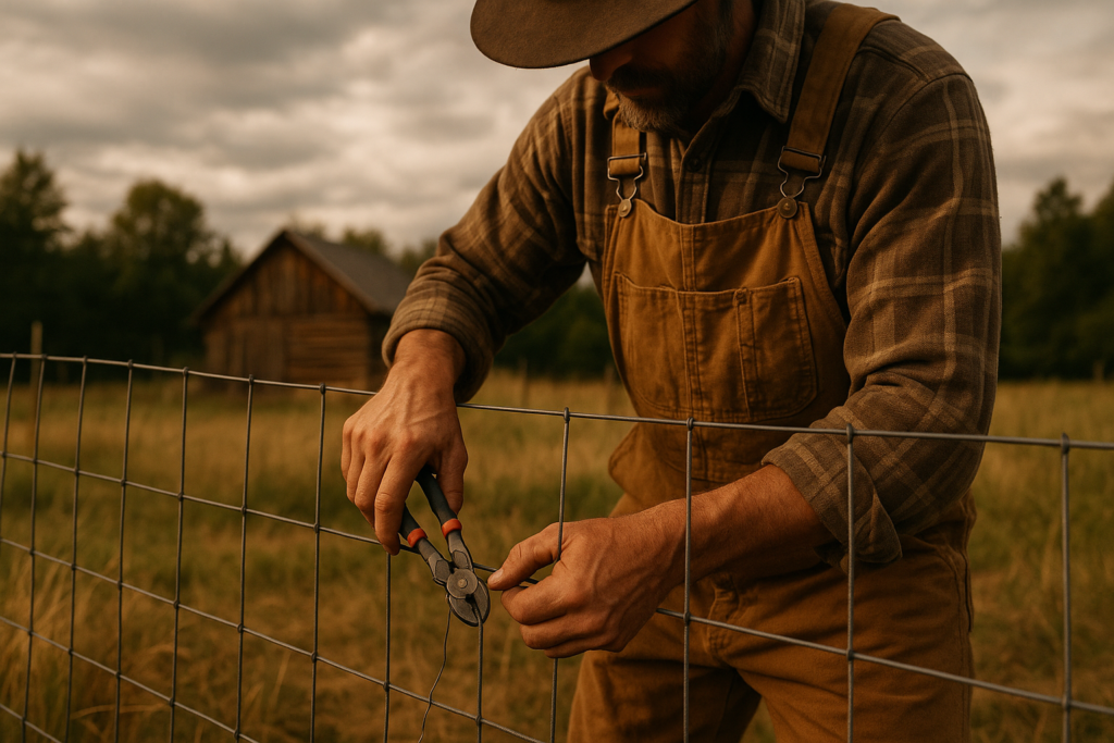 Homesteader repairing a metal wire fence with wire cutters under a cloudy sky