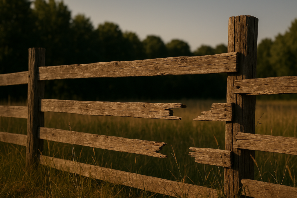 A weathered wooden fence with a few missing boards under a clear sky