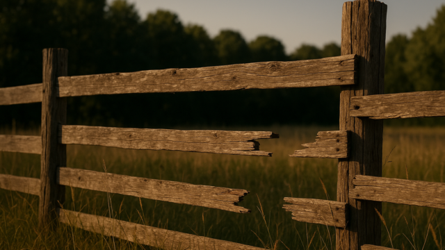 A weathered wooden fence with a few missing boards under a clear sky