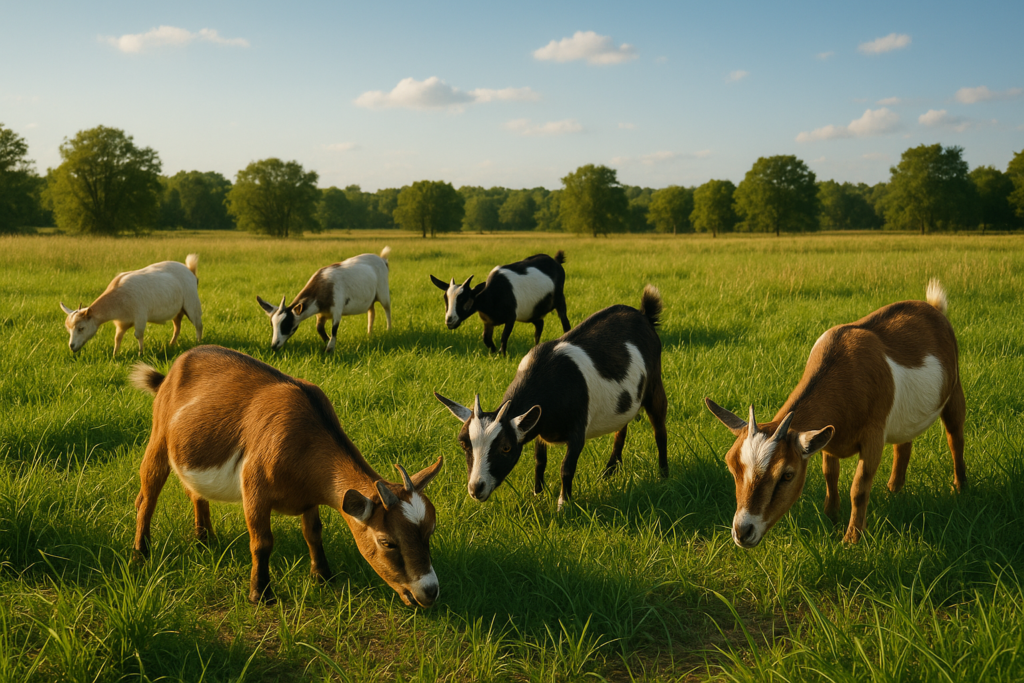 A vibrant scene of Nigerian Dwarf goats grazing in a sunny field, with green pastures stretching out under a big blue sky.