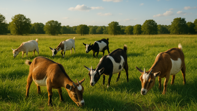 A vibrant scene of Nigerian Dwarf goats grazing in a sunny field, with green pastures stretching out under a big blue sky.