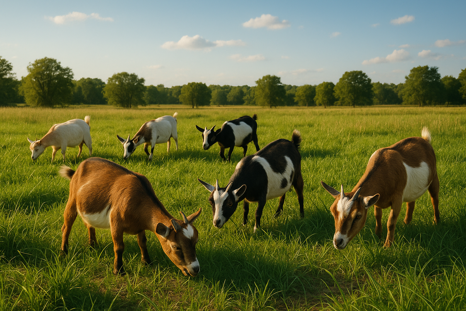 A vibrant scene of Nigerian Dwarf goats grazing in a sunny field, with green pastures stretching out under a big blue sky.