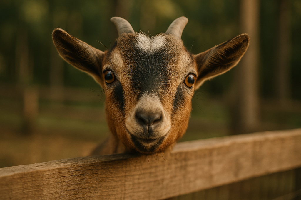 A close-up of a young Nigerian Dwarf goat peering curiously over a wooden fence, its eyes wide and full of character.