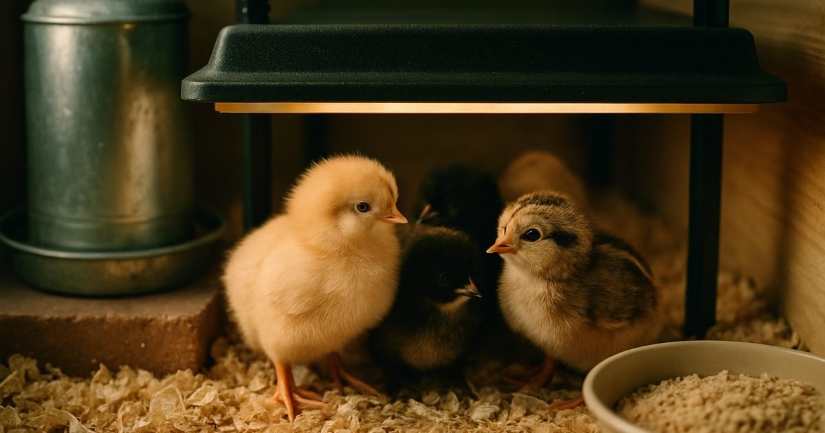Fluffy buff, black and striped baby chicks under a radiant brooder plate in a wooden brooder with pine shavings and a waterer on a paver