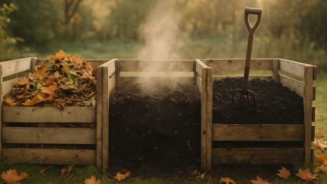 Three-bin wooden pallet compost system in autumn with fresh leaves, a steaming pile and dark finished compost with a garden fork