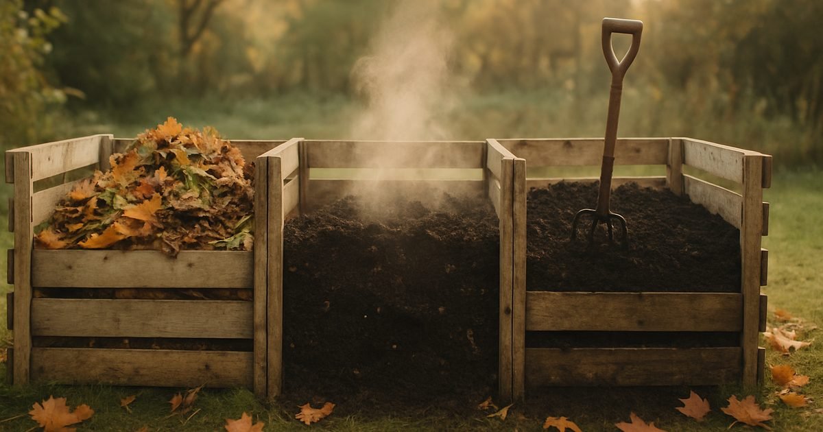 Three-bin wooden pallet compost system in autumn with fresh leaves, a steaming pile and dark finished compost with a garden fork
