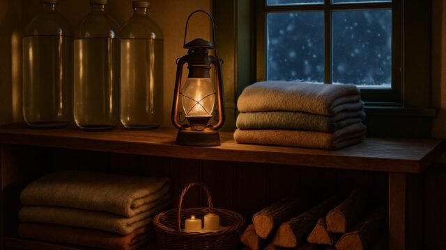 Farmhouse mudroom shelf at dusk with water jugs, a glowing lantern, folded wool blankets and firewood, with snow outside the window