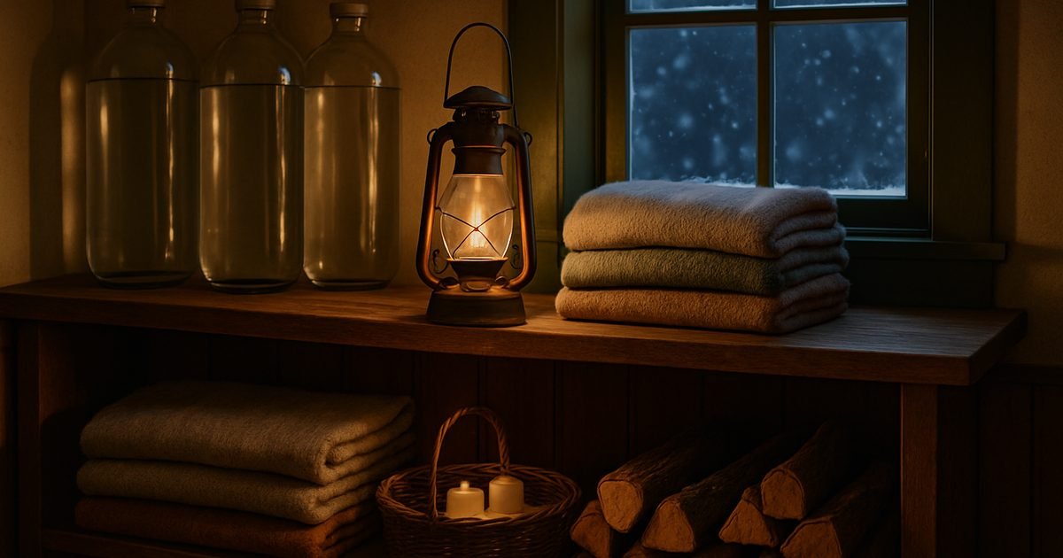 Farmhouse mudroom shelf at dusk with water jugs, a glowing lantern, folded wool blankets and firewood, with snow outside the window