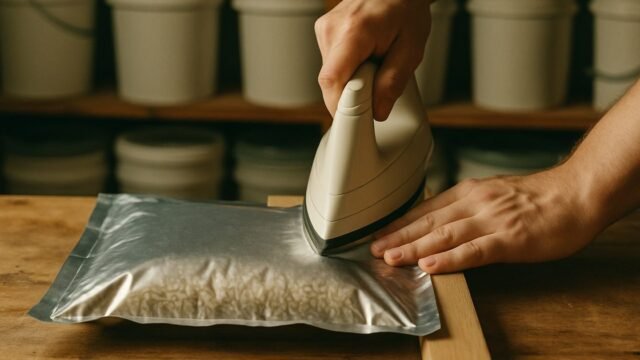 Hands sealing a rice-filled mylar bag with an iron, with rows of white food-grade buckets on basement shelves behind