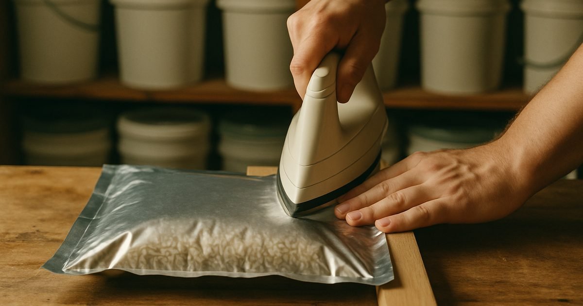 Hands sealing a rice-filled mylar bag with an iron, with rows of white food-grade buckets on basement shelves behind