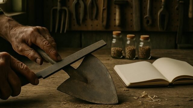 Weathered hands sharpening a hoe with a file at a rustic workbench with a pegboard of tools, seed jars and a notebook
