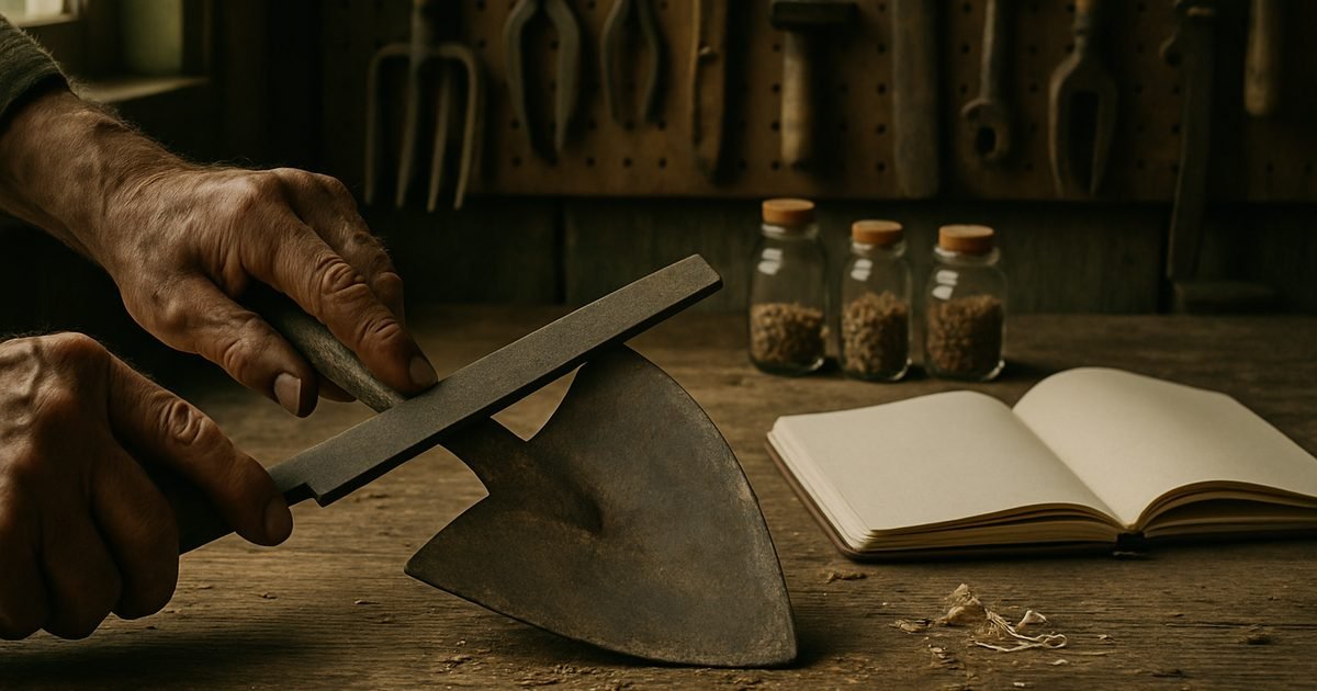 Weathered hands sharpening a hoe with a file at a rustic workbench with a pegboard of tools, seed jars and a notebook