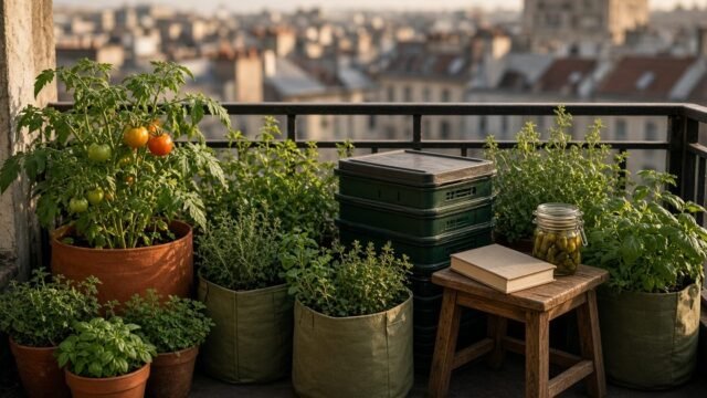 City apartment balcony turned mini homestead with potted tomatoes and herbs in fabric grow bags, a stacked worm bin, and a jar of pickles and a book on a wooden stool, rooftops blurred behind