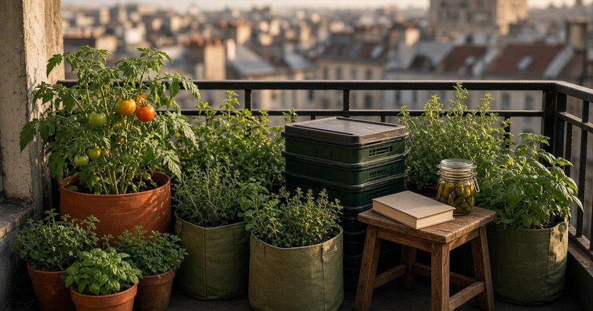 City apartment balcony turned mini homestead with potted tomatoes and herbs in fabric grow bags, a stacked worm bin, and a jar of pickles and a book on a wooden stool, rooftops blurred behind