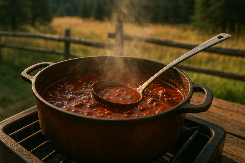A pot of rich, deep red venison chili simmering on a stovetop with steam rising and a ladle resting across the side of the pot.