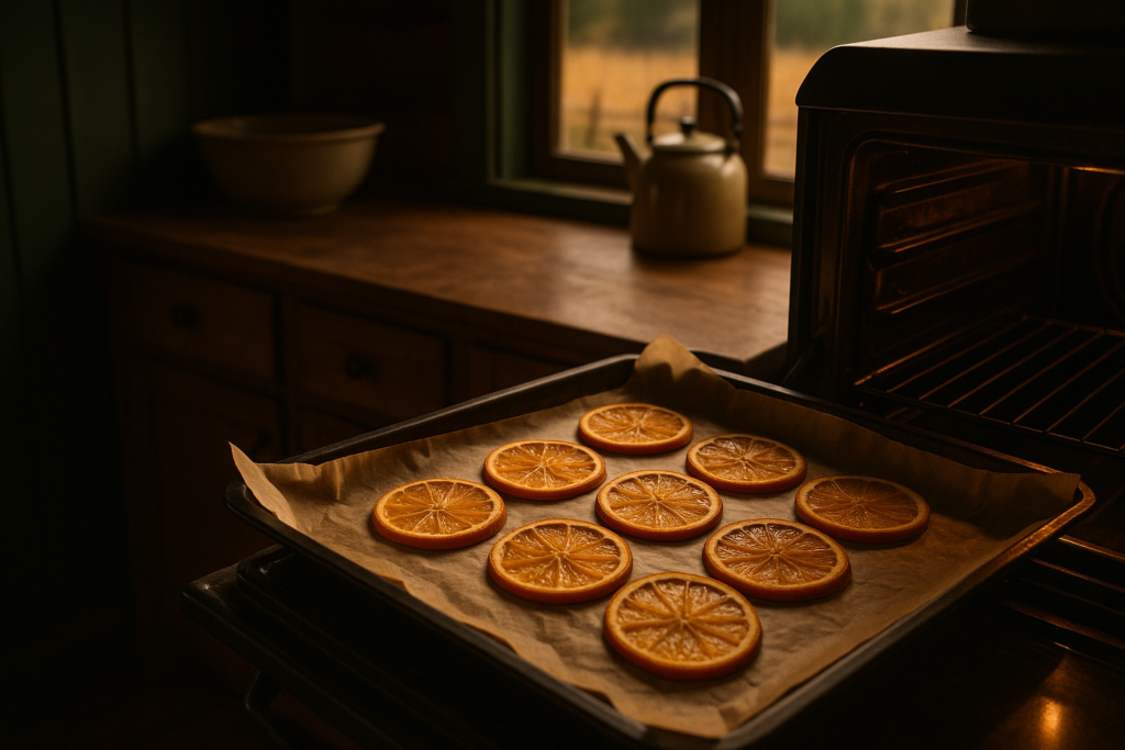 A cozy scene with thin slices of orange drying in the oven, surrounded by baking parchment and a warm kitchen setting.