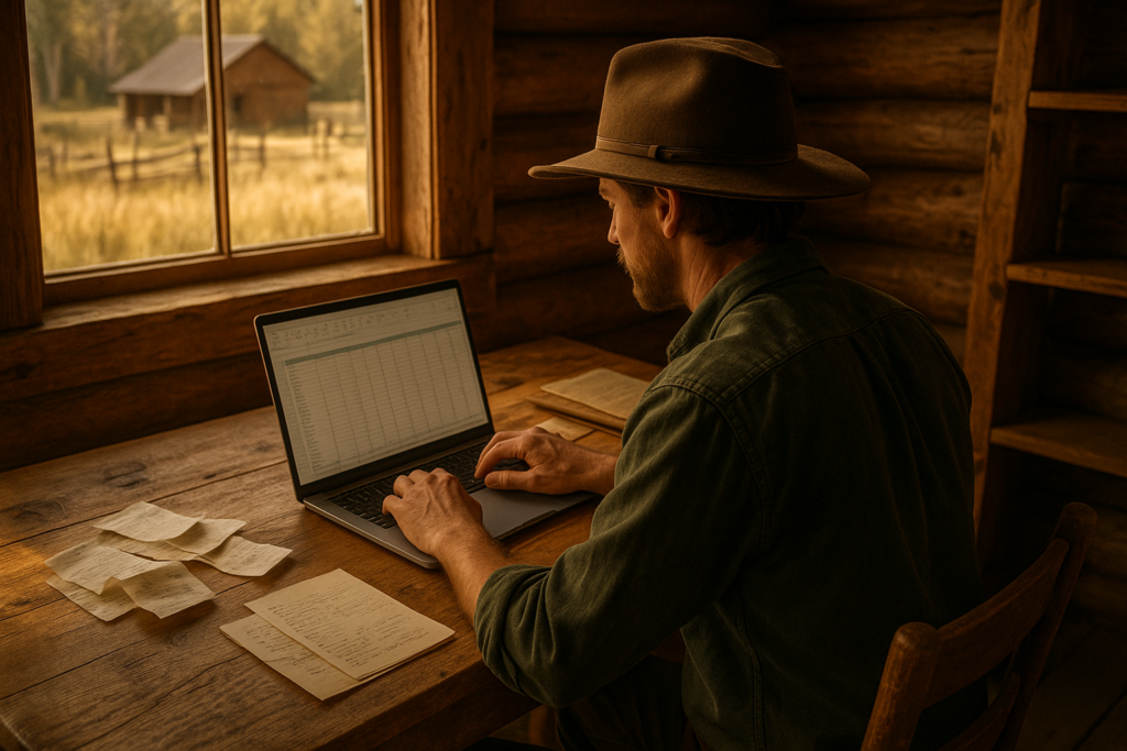 A homesteader in a rustic office space, reviewing a spreadsheet on a laptop with notes and receipts displayed around them.