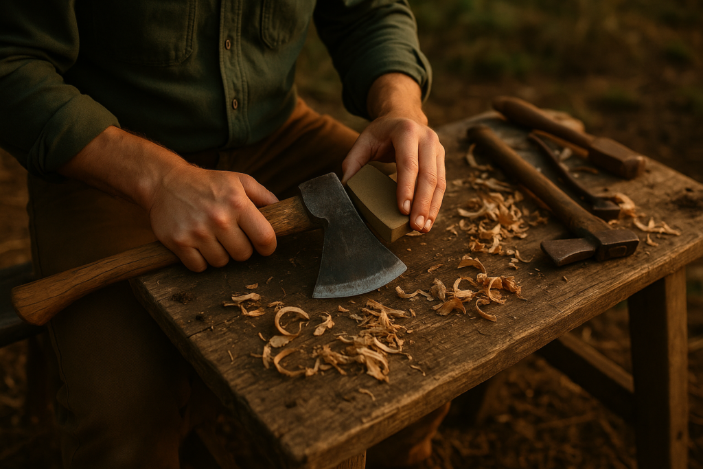 A homesteader sharpening an axe using a whetstone on a rustic workbench, surrounded by wood shavings and tools.
