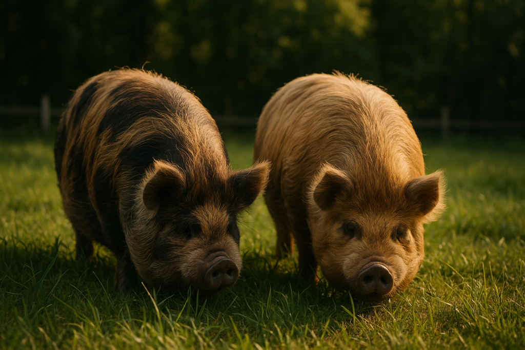 A pair of Kunekune pigs grazing peacefully in a lush green pasture