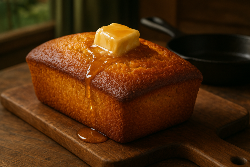 A deliciously golden-brown cornbread loaf topped with melting honey butter, glistening in the soft kitchen light next to a cast-iron skillet.