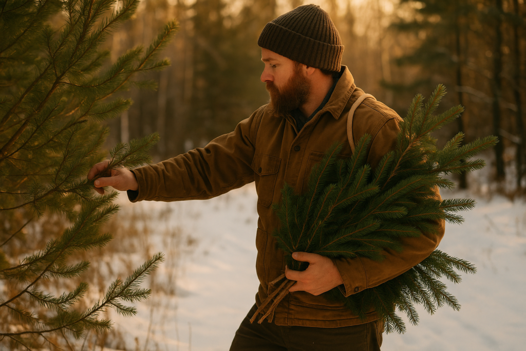 A homesteader carefully selecting evergreen branches from trees in a snowy landscape