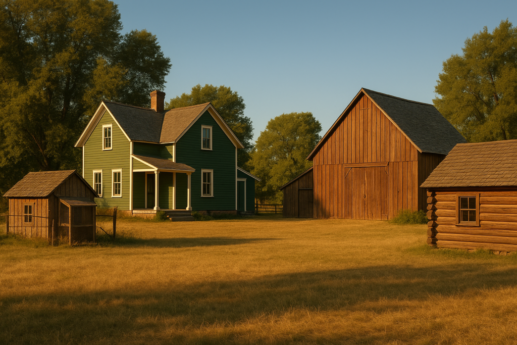 A serene photo of a homestead with various outbuildings under clear blue skies.