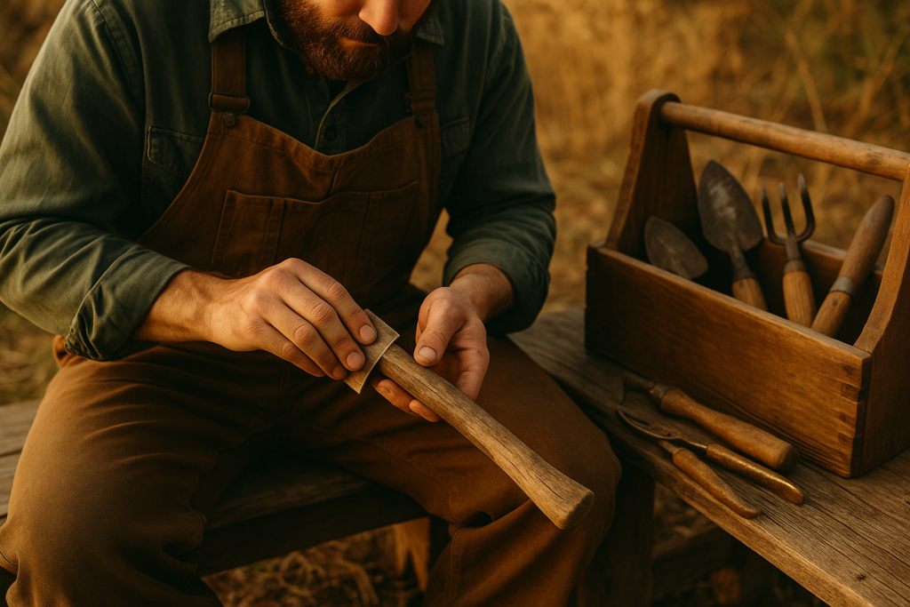 A homesteader sitting on a wooden bench, carefully sanding a weathered wooden tool handle, surrounded by a toolbox filled with other garden hand tools.